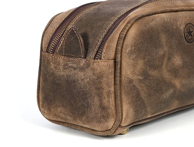 10" Premium Leather Toiletry Travel Pouch With Waterproof Lining Black Color | King-Size Handcrafted Vintage Shaving Kit By Aaron Leather Goods (Brown)