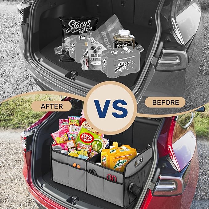 YSSOA Trunk Organizer for Car/SUV/Truck, Collapsible 2 Compartment Automotive Storage Box, 600D Waterproof Oxford Polyester 50L Travel Accessories, Anti-slip & Leak-proof, Grey (Pack of 2)