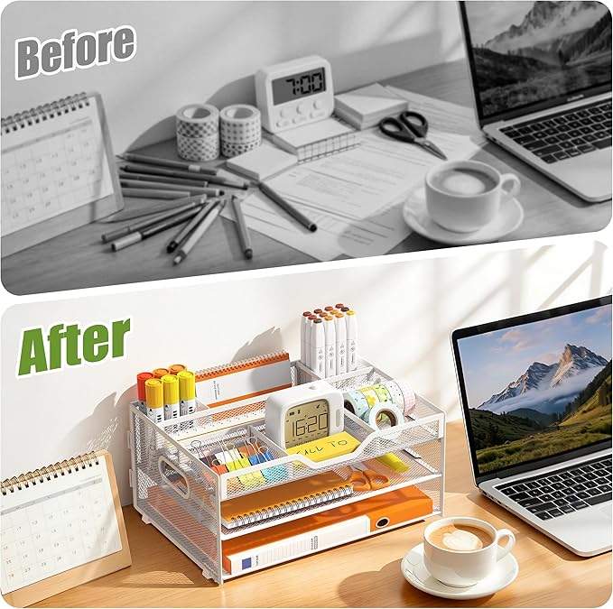 3-Tier Letter Paper Tray Desk Organizer, White Desktop File Rack Holder with 3 Drop in Pencil Holder and Sliding Tray for Office Classroom and Home Supplies Organization Storage