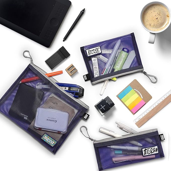 Set & Done Onama Flexi Mesh Zipper Pouch – Durable Clear Nylon Storage Bag with Name Tab for Makeup, Travel, Diaper Bag & Office Organizing