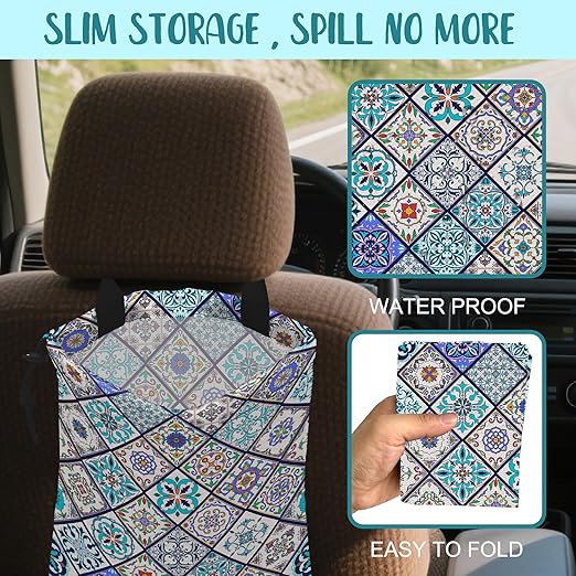 Car Garbage Bag Abstract Portuguese Tiles Drawstring Car Trash Bag Hanging for Back Seat with Adjustable Buckle Canvas Vehicle Trash Can Easy-to-Install
