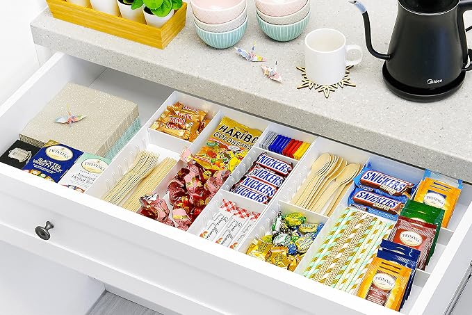 CAXXA 3 Slot Drawer Organizer with 4 Adjustable Dividers - 7 Compartments Junk Drawer Storage for Makeup & Vanity, Office Desk Supplies and Accessories,WHITE (2 pack)