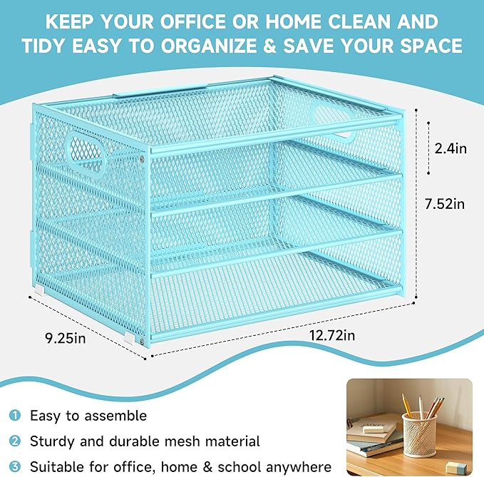 Subekyu Paper Letter Tray Organizer for Desk, Blue Metal Mesh Desk File Sorter Organizer with Handle and 2 Sliding Trays for Home Office School Supplies Organization