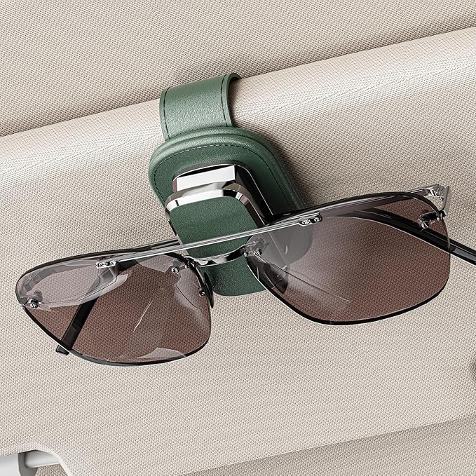 Sunglass Holder for Car Visor, One-Handed Operation Leather Sunglasses Clip with Soft Padding, Auto-Clamping Eyeglasses Organizer for Sun Visor, Universal Car Accessories (Green)
