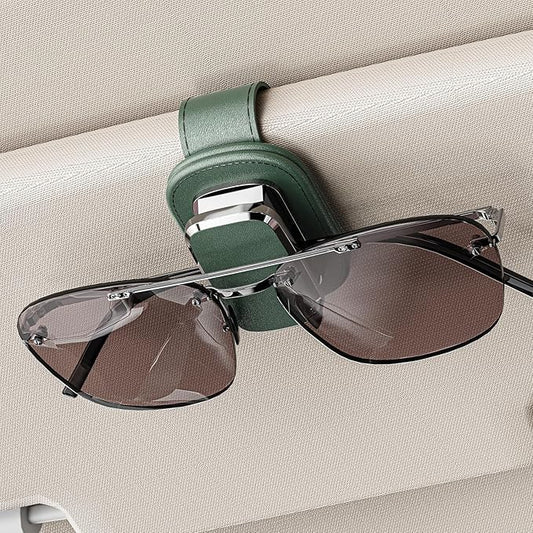 Sunglass Holder for Car Visor, One-Handed Operation Leather Sunglasses Clip with Soft Padding, Auto-Clamping Eyeglasses Organizer for Sun Visor, Universal Car Accessories (Green)