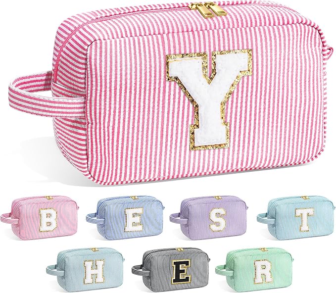 YOOLIFE Initial Makeup Bag for Women - Monogram Cute Makeup Bags Cosmetic Case Toiletry Pouch for Women Her Best Friend Sister Teacher, Personalized Birthday Gifts for Women, Pink Y