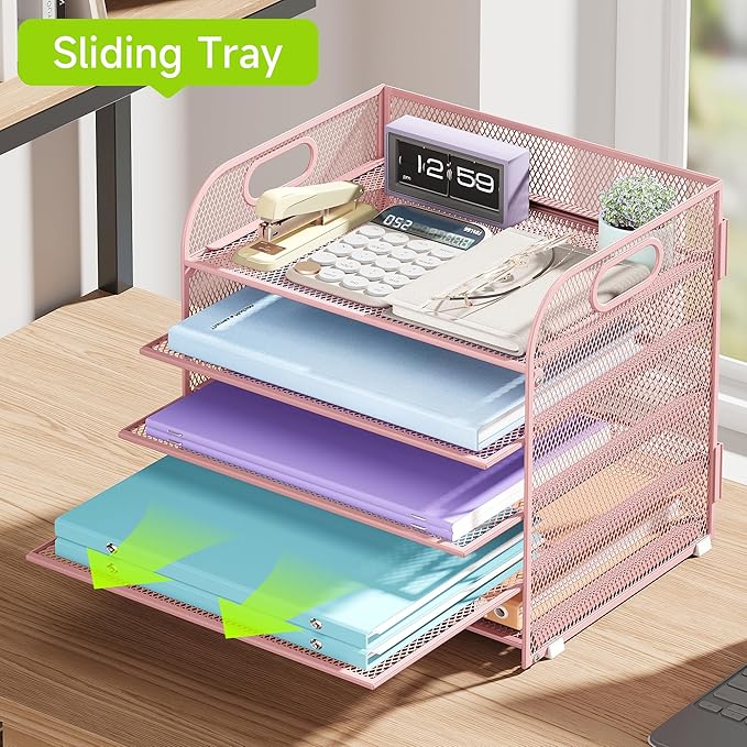 Cawukege 2 Pack 5 Tier Paper Organizer, Letter Tray with Handle, Mesh Desk Organizer, Metal File Organizer, Office Desk Accessories for Home, Office, Classroom, School -Pink