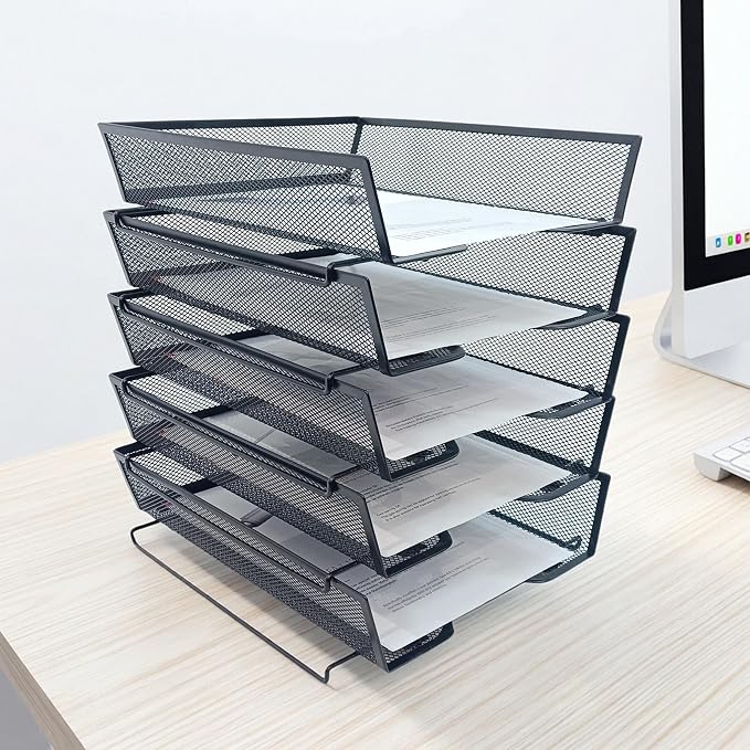 5-Tier Letter Tray Desk Organizer,Metal Stackable File Trays,Black | Shelves for Letter Size or A4 Paper Storage Organizer,Metal Mesh File Basket for Ofice Desk