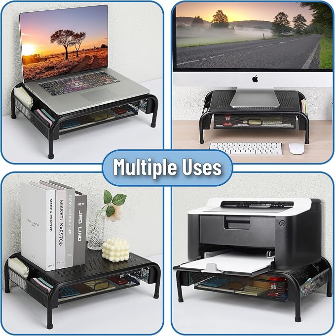 Mr. Pen- Metal Mesh Monitor Stand With Drawer, Computer Stand for Desk With Storage, Desktop Riser