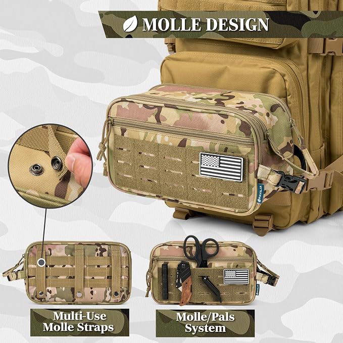 PAVILIA Tactical Toiletry Bag for Men, Water Resistant Molle Military Dopp Kit, Travel Hygiene Organizer with Wet Dry Storage for Shaving, Grooming, Gym and Camping, Camo XL