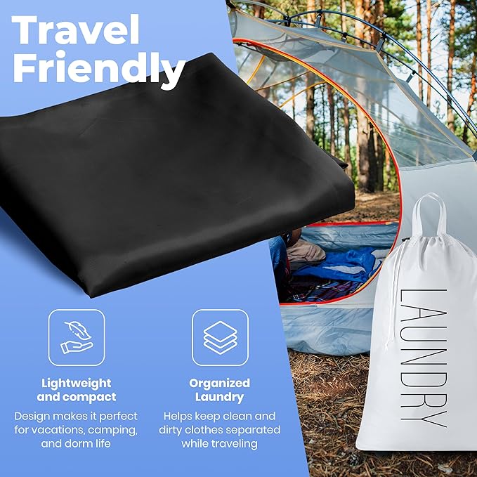 Extra Large Travel Laundry Bag - 2-Pack Fun Print Design Bags for Dirty Clothes - Durable Water-Resistant Fabric - Sturdy Drawstring Closure (Black-White | Laundry)