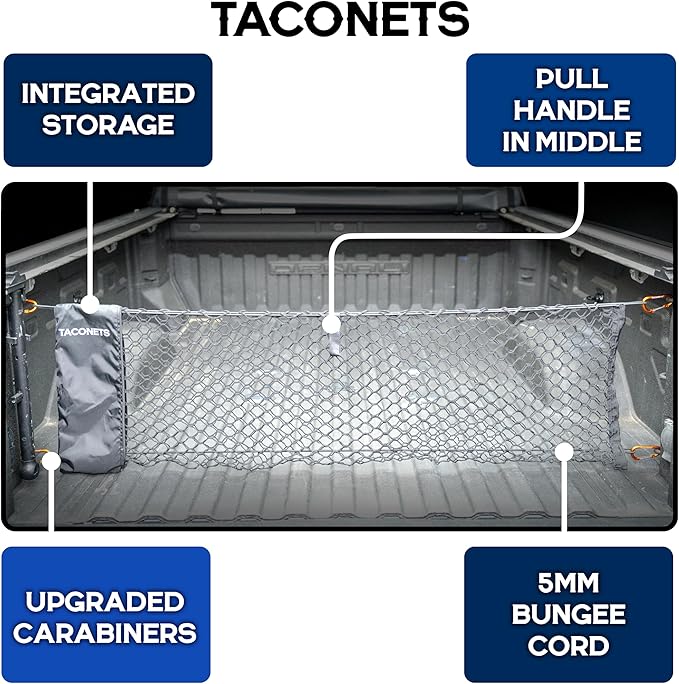 TacoNets Envelope Cargo Net for GMC Sierra & Chevy Silverado - Fits 2013-Current - Upgraded 5mm Bungee - Integrated Storage Bag - Heavy Duty Carabiners - Designed in USA