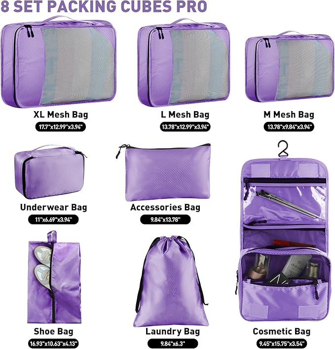 Toncoke 8-Piece Packing Cubes for Travel, Mesh Luggage Organizers with Shoe Bag, Toiletry Bag, Laundry Pouches, 4 Sizes (XL/L/M/S) for Suitcase Organization, Men Women Kids, Purple