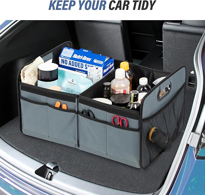 Simple Deluxe Car Trunk Organizer with Lid, Collapsible 2 Compartment 50L Automotive Storage Box with 5 Pocket, 600D Waterproof Oxford Polyester, Non Slip Bottom, Grey-Green