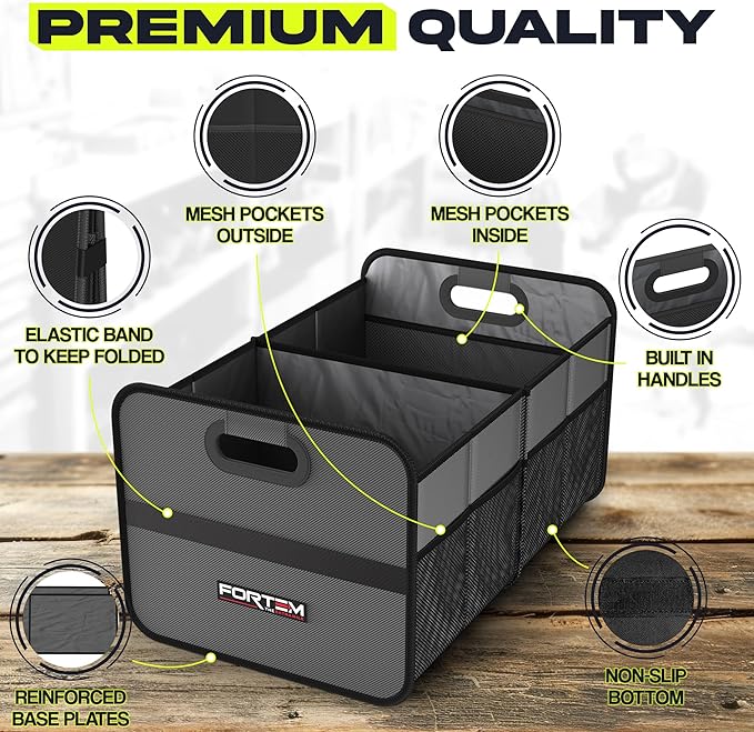 FORTEM Car Trunk Organizer, Collapsible Two Compartment Organizer, Foldable SUV & Truck Storage for Car Accessories for Women Men, Non Slip Bottom, Sturdy Side Walls, Strong Handles, 45L