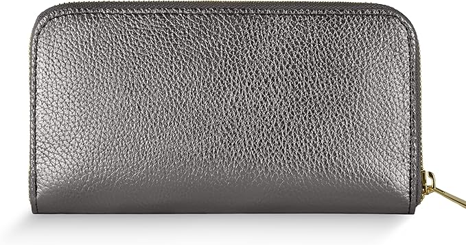 Italian Genuine Metallic Leather Wallet for Women with 3 Compartments & Zip Close | Small Rectangular Card Holder (Anthracite)