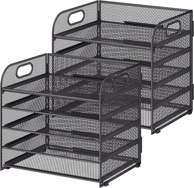 Cawukege 2 Pack 5 Tier Paper Organizer, Letter Tray with Handle, Mesh Desk Organizer, Metal File Organizer, Office Desk Accessories for Home, Office, Classroom, School -Grey