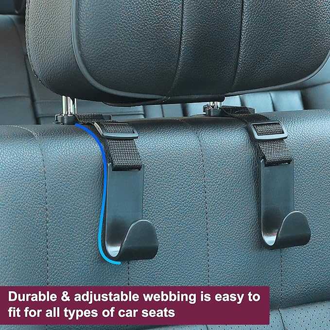 Adjustable 4-Pack Car Headrest Hooks - Universal Seat Back Organizer with Heavy-Duty Clip for Purses, Bags & Groceries Black