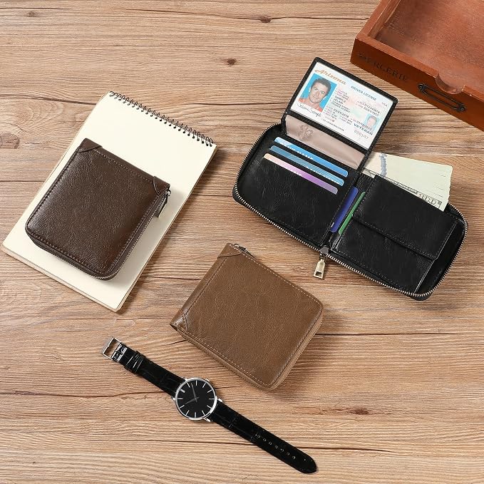 GAEKEAO Zipper Wallet for Men Vegan Leather RFID Blocking Large Capacity Bifold Wallets with ID Window Change Pocket