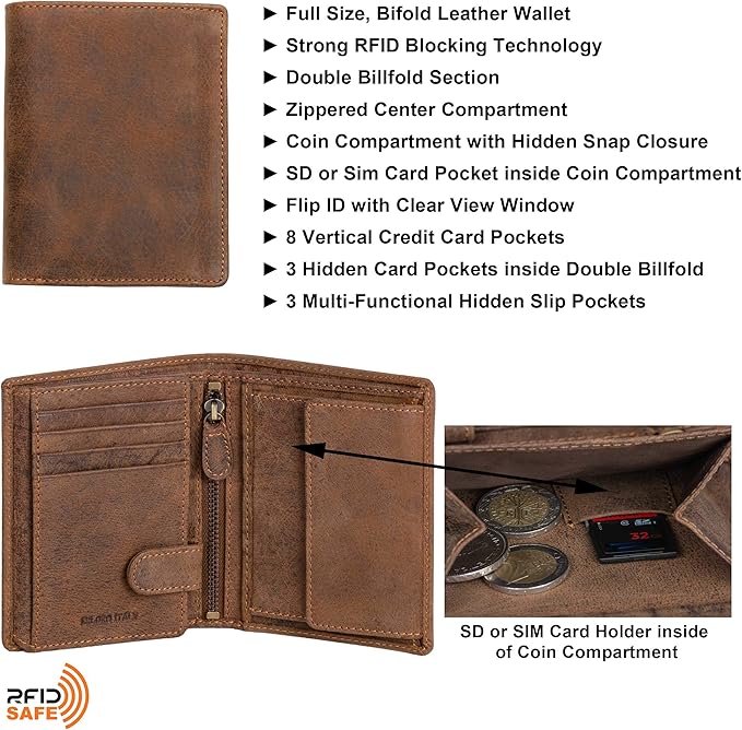 DiLoro Mens Full Size Large Capacity Genuine Full Grain Leather Wallet Bifold Flip ID Coin & Zip Pockets RFID Blocking Anti-Theft (Dark Hunter Brown)