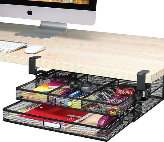 Homeify Under Desk Drawer Organizer Clamp-On, Mesh Metal Drawer Attachment, 2 Drawer Slide Out, On Or Under Desk Organizer For Office Supplies & Home Essentials (2 Drawers)