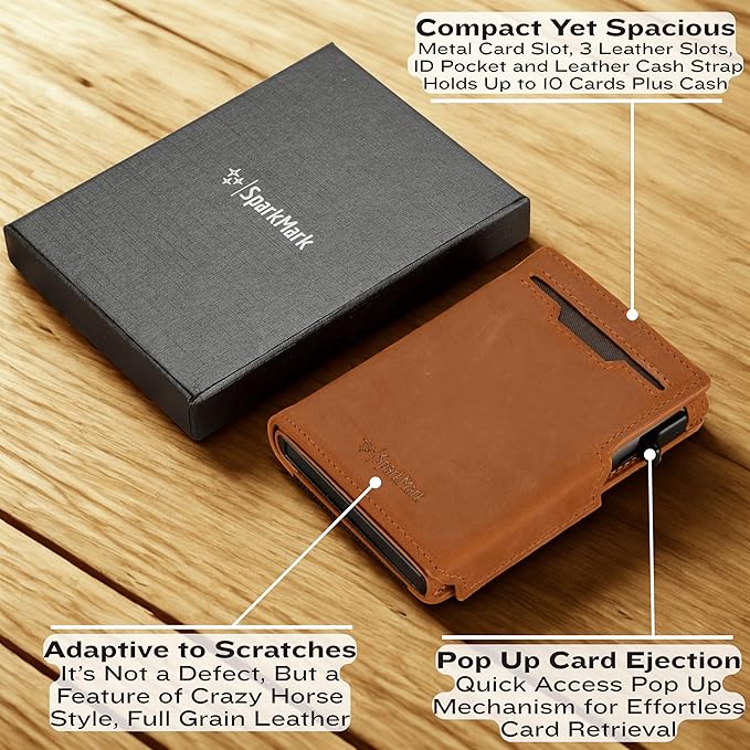 Minimalist Pop Up Wallet for Men | RFID Blocking Credit Card Holder Wallet with Money Clip | Mens Wallet Slim Bifold Front Pocket Metal Case with Gift Box (Genuine Full Grain Soft Leather)