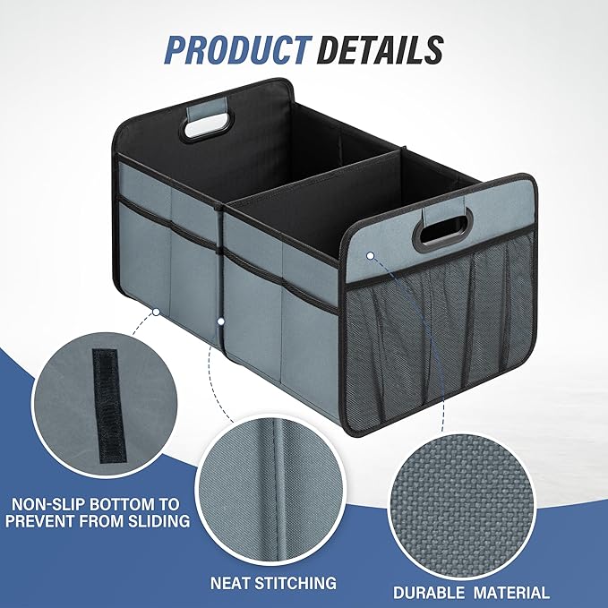Simple Deluxe Car Trunk Organizer, 2 Compartments Collapsible Trunk Storage, Anti-slip Design, Made of Waterproof 600D Oxford Polyester, Suitable for SUV, Truck, Standard Size, Grey-Green