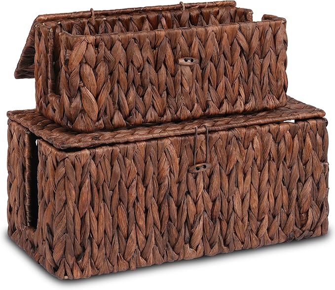 efluky 2 Pack Hand-Woven Cable Management Boxes, Water Hyacinth Cord Organizer Box with Lid, 2 Open Slots Cable Organizer Basket to Hide Power Strip and Charger for Home & Office and Dorm,Brown