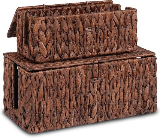 efluky 2 Pack Hand-Woven Cable Management Boxes, Water Hyacinth Cord Organizer Box with Lid, 2 Open Slots Cable Organizer Basket to Hide Power Strip and Charger for Home & Office and Dorm,Brown