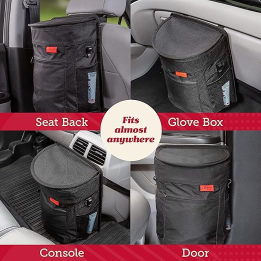 Lusso Gear Spill-Proof Car Trash Can (3.5 Gallon) - Easy to Clean Hanging Garbage Bin - Leak-Proof Lid, Removable Liner, Waterproof - Keeps Truck, SUV, Car, Minivan Clean & Odor Free (Tan)