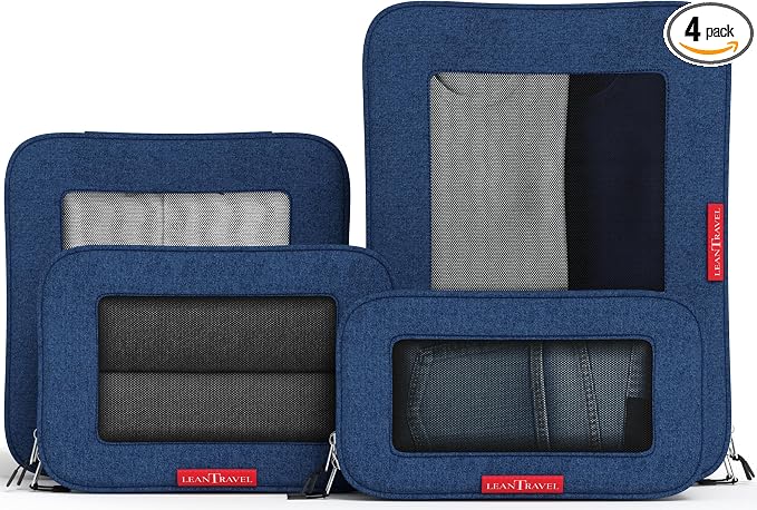 LeanTravel Premium Compression Packing Cubes for Travel - Suitcase Organizer Bags with Double Zipper & Breathable Mesh Panel - Space Saving Carry On Luggage Essentials (4-Pack, Navy Blue)