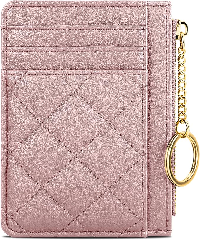 Credit Card Holder, Slim Keychain Wallet with Zipper Coin Pocket Front Small Pocket Wallet for Women, Pink