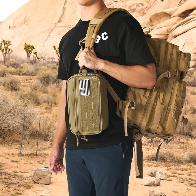 PAVILIA Tactical Toiletry Bag for Men, Water Resistant Molle Military Dopp Kit, Travel Hygiene Organizer with Wet Dry Storage for Shaving, Grooming, Gym and Camping, Tan