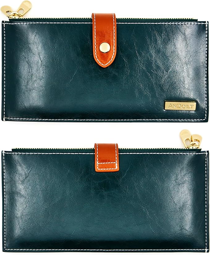 ANDOILT Women's Genuine Leather Wallet RFID Blocking Credit Card Holder Zipper Purse Cell Phone Handbag