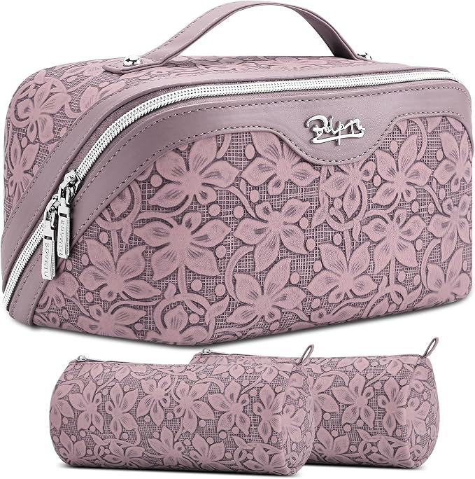 BOYATU Travel Makeup Bag Cosmetic Bags for Women: Large Capacity 3 Pcs Set Make up Bag with Compartments - Waterproof Vegan Leather Toiletry Organizer Bags with Handle (Z-64Purple)