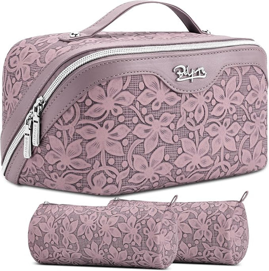 BOYATU Travel Makeup Bag Cosmetic Bags for Women: Large Capacity 3 Pcs Set Make up Bag with Compartments - Waterproof Vegan Leather Toiletry Organizer Bags with Handle (Z-64Purple)