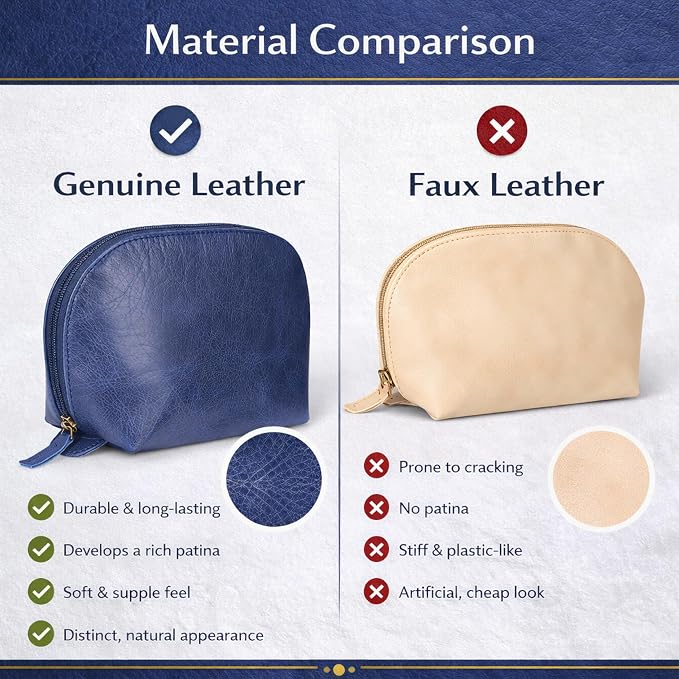 Genuine Leather Toiletry Bag for Men & Women, Navy Blue | Leather Makeup Bag, Travel Dopp Kit Organizer, YKK Zipper, Handmade, 9 x 6 x 4 Inch