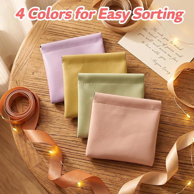 4 Pack 4.7"×4.7" Small Makeup Bag for Purse, Snap Closure Purse Pouches, Soft PU Leather Purse Organizer Pouches for Women, Mini Travel Pouch for Cosmetics Cash Coins Cards Lipstick Earphones