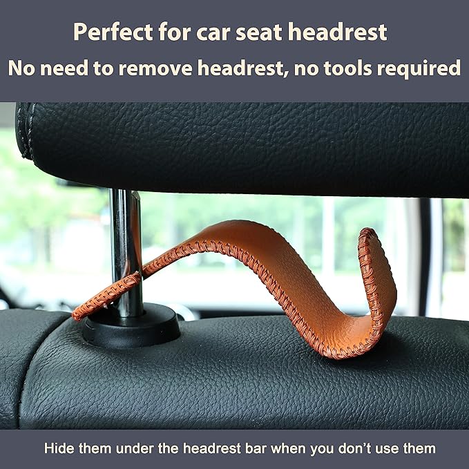 Amooca Car Seat Headrest Hook Universal Vehicle Storage Hanger Leather with Metal Car Seat Back Organizer for Handbag Purse Coat Orange 4 Pack