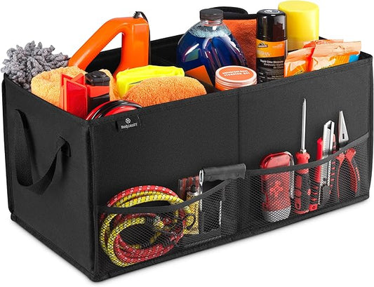 Handy Laundry Car Trunk Organizer – Large 2 Compartment Storage Bin with Non-Slip Fastener, Mesh Side Pockets & Heavy-Duty Handles, 22 x 10 x 11 in, Black – Prevents Shifting & Rolling