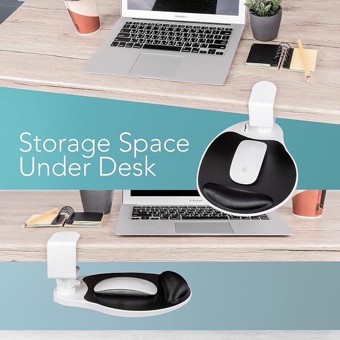 EHO Clamp on Mouse Platform, Clip on Pad Rotating 360 Degree, w/Comfortable Gel Wrist Rest, Ergonomic, Attachment, Slide Out Tray, Suitable for 1.5" Thickness Desk, for Home Office Desk Organizer