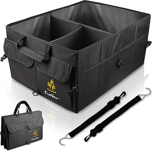 EcoNour Trunk Organizer for Car | SUV Collapsible Cargo Storage Box with Detachable Dividers, Mesh Pockets & Adjustable Straps | Multi Compartment Organizer for Groceries, Tools, Travel – Black