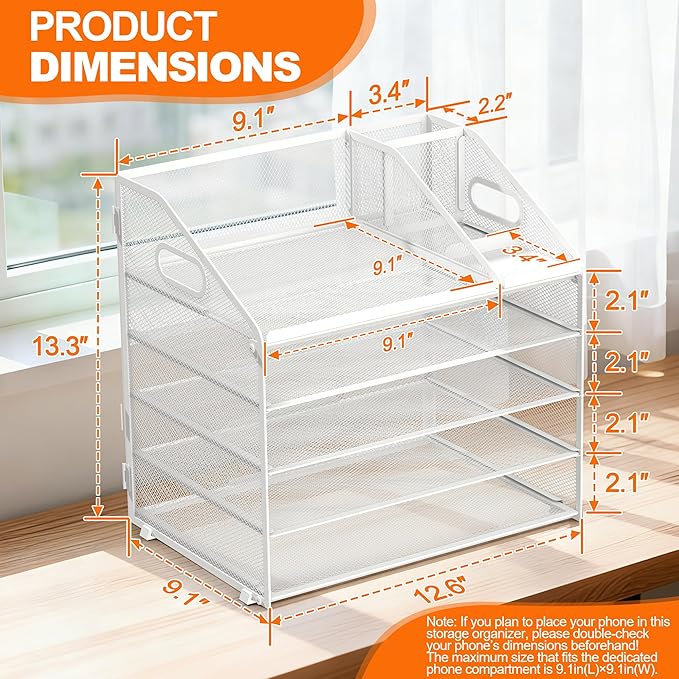 DocNest 5 Tier Metal Mesh Letter Tray - Space Saving Desk File Organizer with Handle, Pen Holder & Folder Holder - Desktop Document Sorter for Office, Home, School, Classroom - White