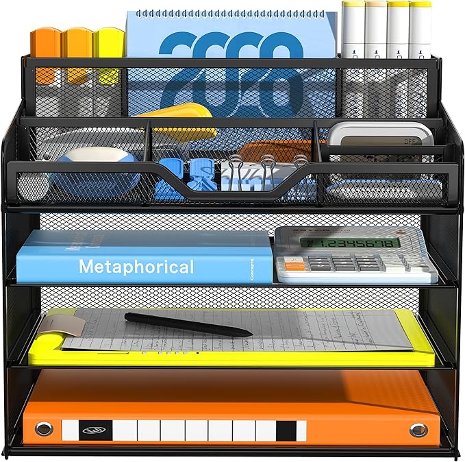 Docnest 4 Tier Mesh Desk Organizer, Multi-Functional Paper Letter Tray with 5 Adjustable Compartments & 3 Pen Holders - Space-Saving Desktop Storage for Office Files, Mail, Stationery - Black