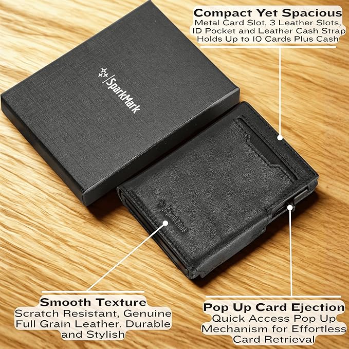 Minimalist Pop Up Wallet for Men | RFID Blocking Credit Card Holder Wallet with Money Clip | Mens Wallet Slim Bifold Front Pocket Metal Case with Gift Box (Genuine Full Grain Smooth Leather)