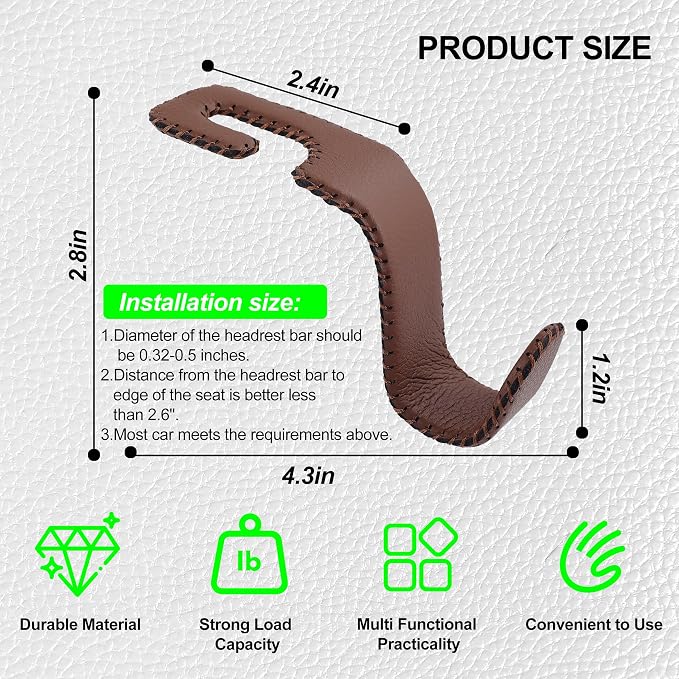 Amooca Car Seat Headrest Hook, Universal Vehicle Storage Hanger, Leather with Metal Car Seat Back Organizer for Handbag, Purse, Coat, Ergonomic Design, Brown 2 Pack
