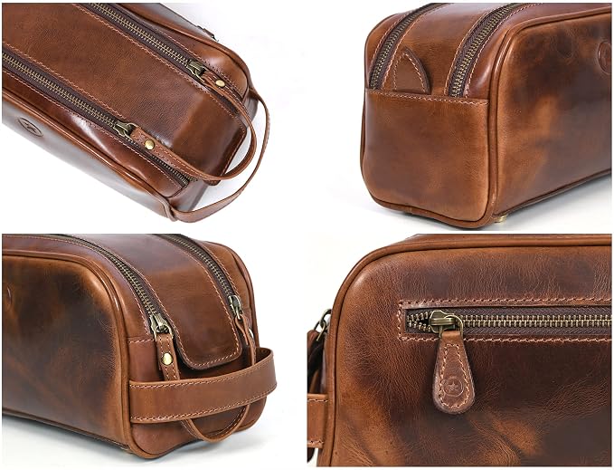 10" Premium Leather Toiletry Travel Pouch With Waterproof Lining | King-Size Handcrafted Vintage Dopp kit By Aaron Leather Goods (Espresso)