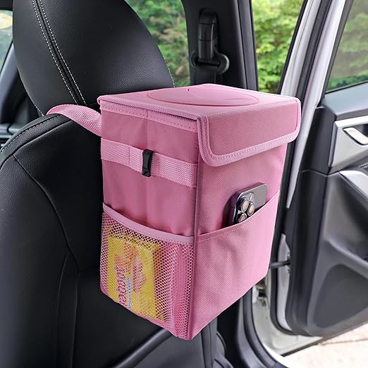 AOKJOY Car Garbage can with lid Leak Proof Vehicle Trash Can 3 Storage Pockets Hanging Waterproof car Trash Bag for SUV Pink