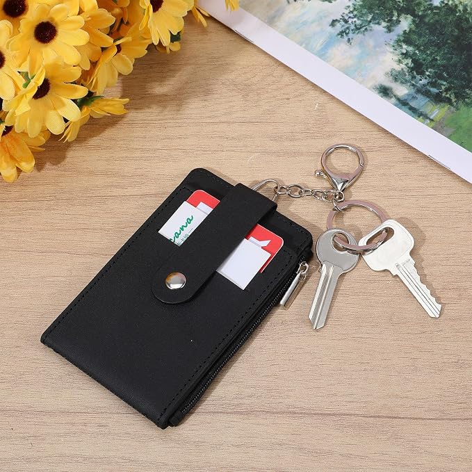 Slim Keychain Card Holder for Men, Black Zipper Slim Minimalist Wallet with Id Window Front Pocket Keychain Card Holder for Men & Women