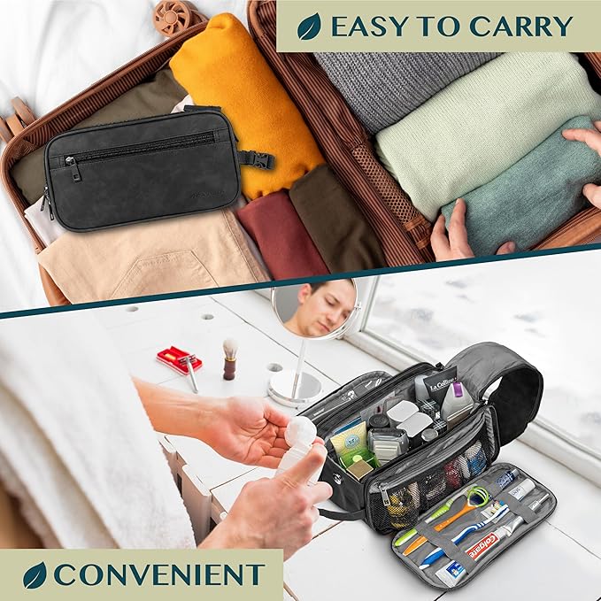 PAVILIA Toiletry Bag for Men, Hanging Travel Dopp Kit Organizer, PU Leather Water Resistant Bathroom Bag for Shaving Grooming, Large Capacity Cosmetic Bag Travel Essentials, Black